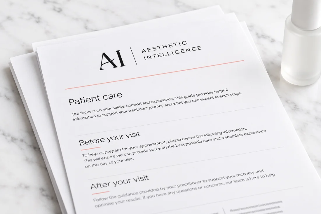 Aesthetic Intelligence patient care sheets on a white desk
